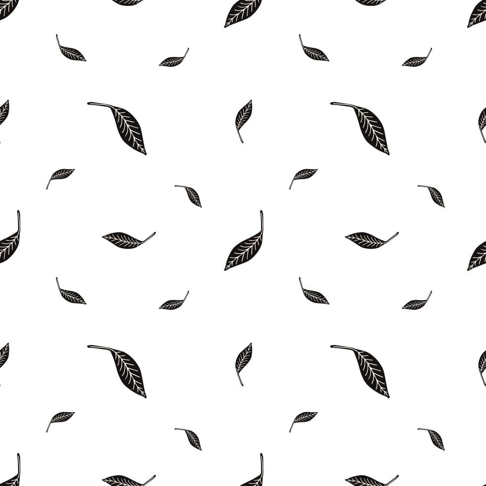 Hand drawn doodle small fall leaves pattern. Cute black leaf vector seamless pattern background in scandinavian style for fashion print