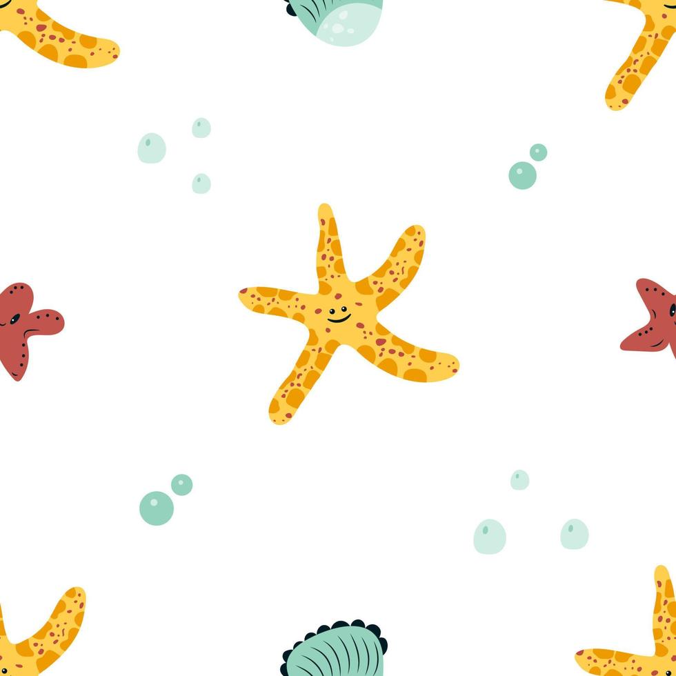 Seamless pattern with cute starfishes and shells. Colorful childish texture. Summer underwater creatures background for package, wrapping paper, print, card, fabric, textile, wallpaper, web. Vector