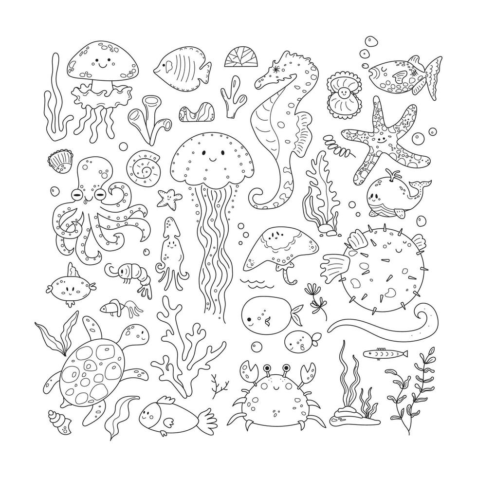 lindo juego de garabatos de criaturas marinas y animales submarinos. tortuga de agua, ballena, pulpo, medusa, cangrejo y pez. elementos de vida marina en estilo boceto. ilustración vectorial de contorno vector