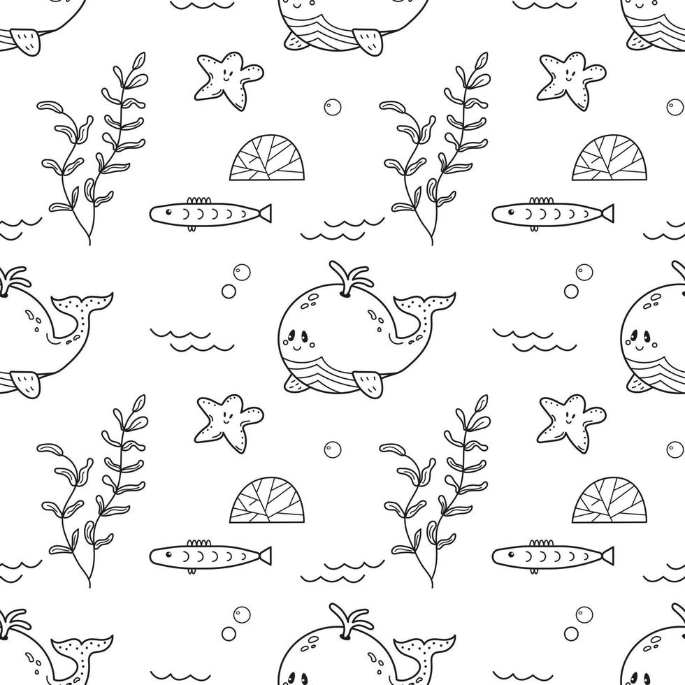 Cute seamless pattern of sea world, whale, fish, starfish, ocean plant. Doodle sketch style. Marine life hand drawn element. Vector illustration for wrapping, wallpaper, simple kids print