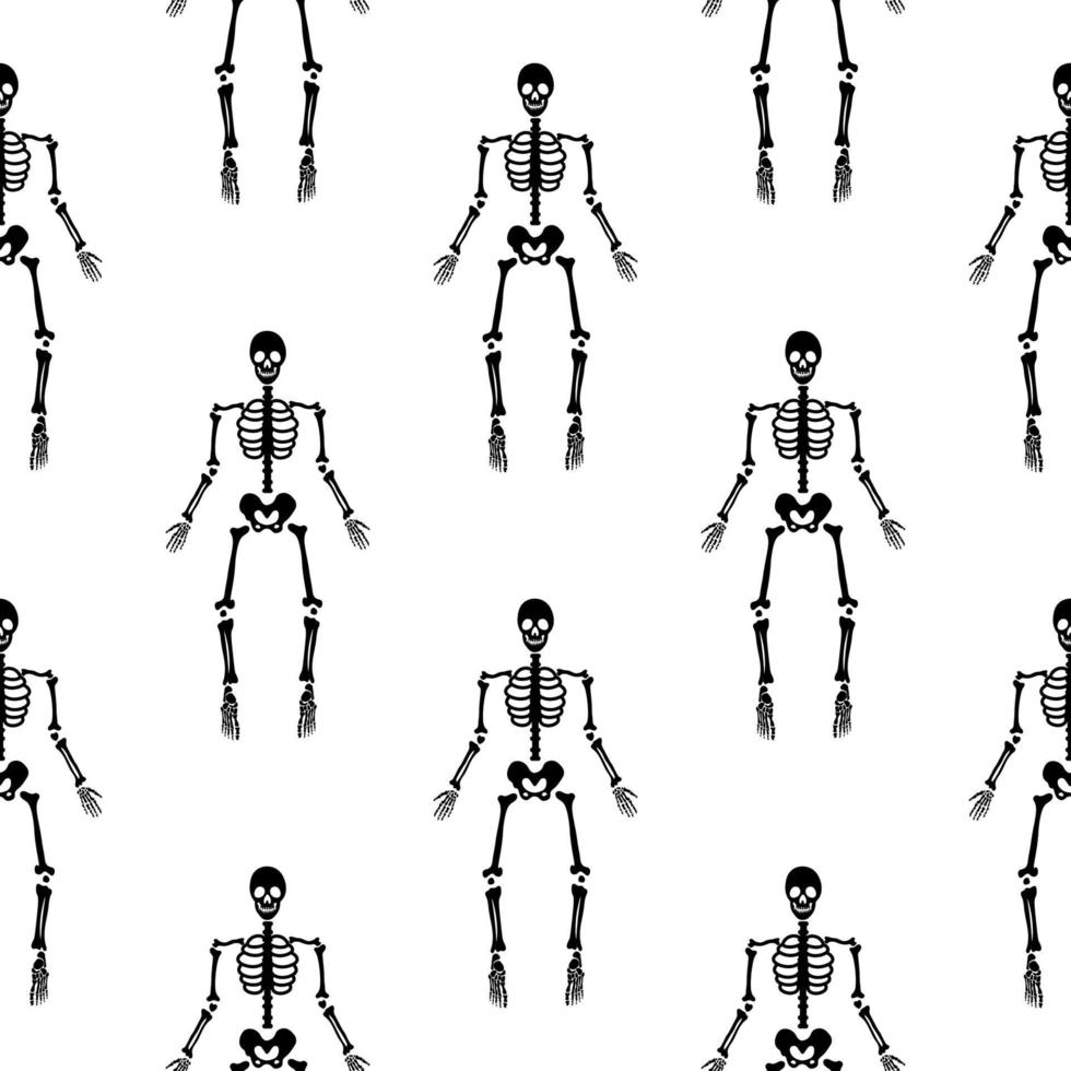 Black skeletons in various poses pattern. Halloween design. Perfect for fall, holidays, fabric, textile. Seamless repeat swatch. vector