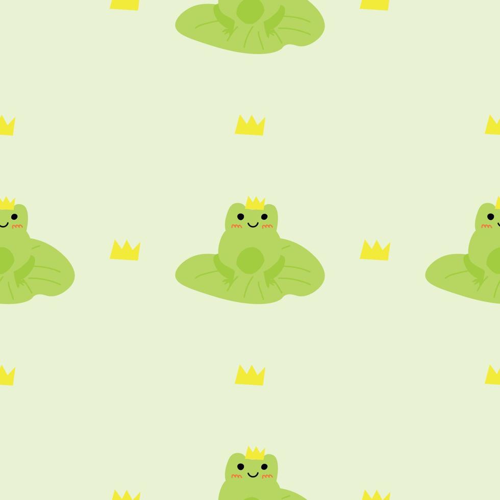 Cute  prince frog with crown. Enamored green toads. Vector animal characters seamless pattern of amphibian toad drawing.Childish design for baby clothes, bedding, textiles, print, wallpaper.