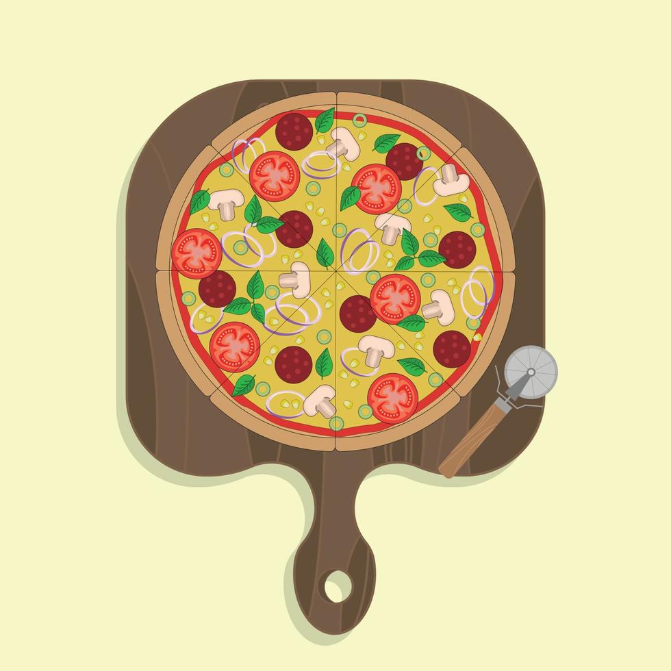 Vector illustration of a Pizza including pizza ingridients Mushroom Pepperoni Onion Sweet Pepper Tomato Cheese Basil