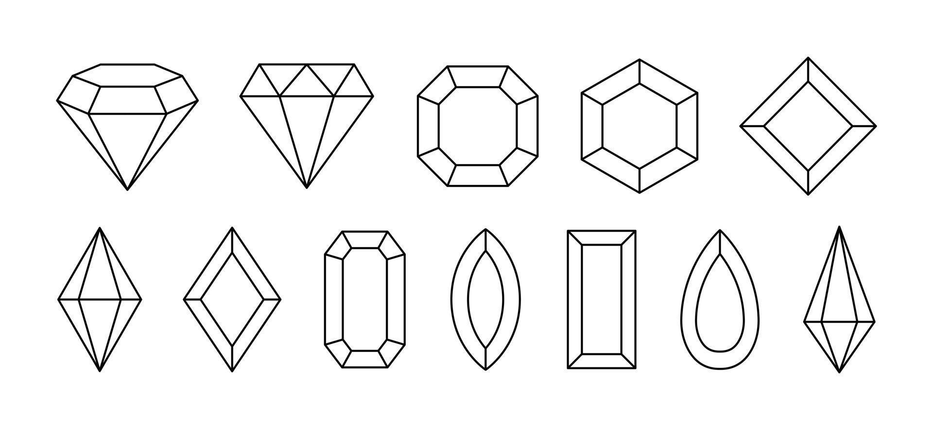 Set of simple geometric gem stones. Jewelry crystals shapes in linear Set of simple geometric gem stones. Jewelry crystals shapes in linear