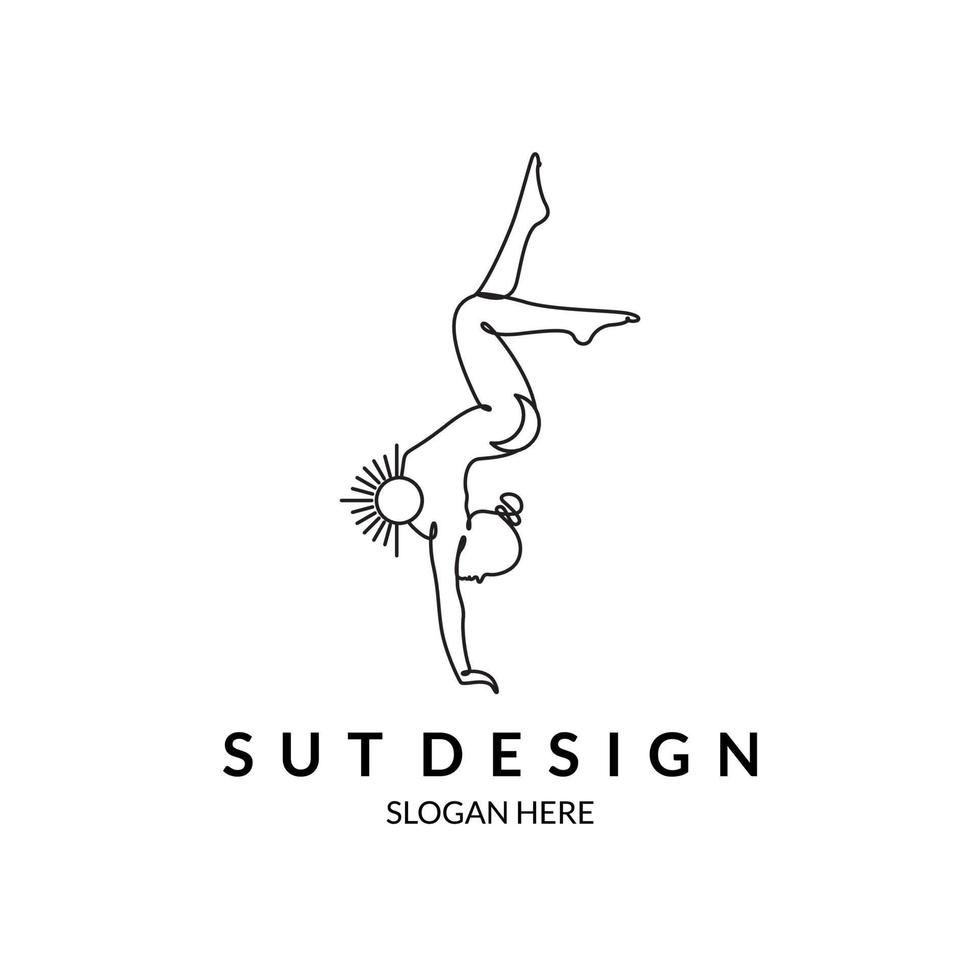 line art yoga woman standing with bohemian minimalist hands with sun on chest vector