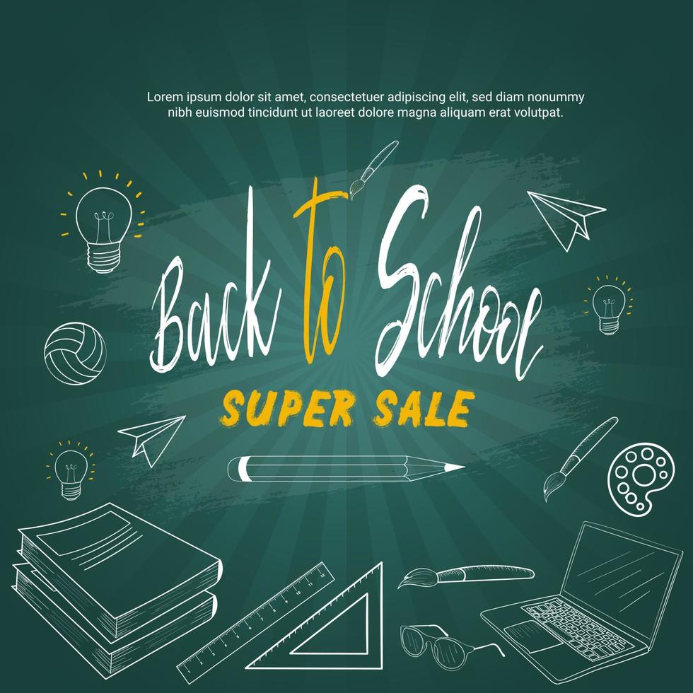 Back to school banner template for sale with doodle and equipments on the blackboard. vector
