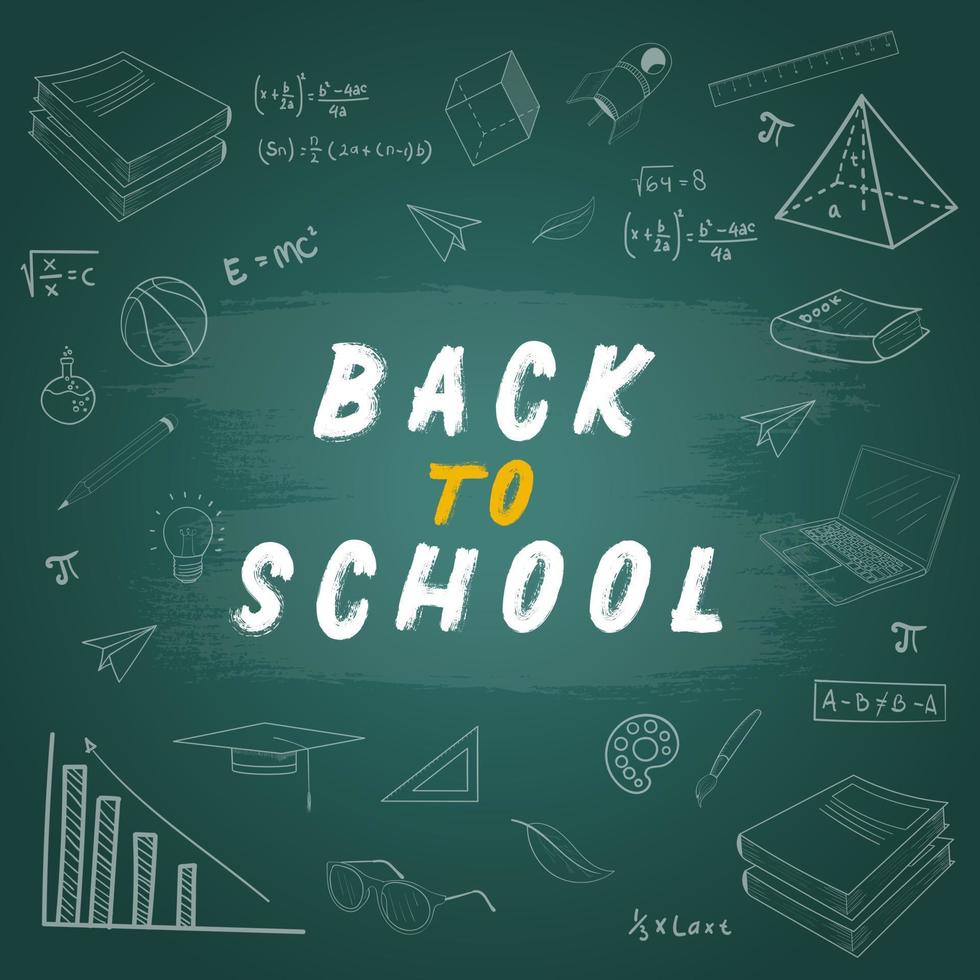 Back to school banner with doodle and equipments on the blackboard. vector