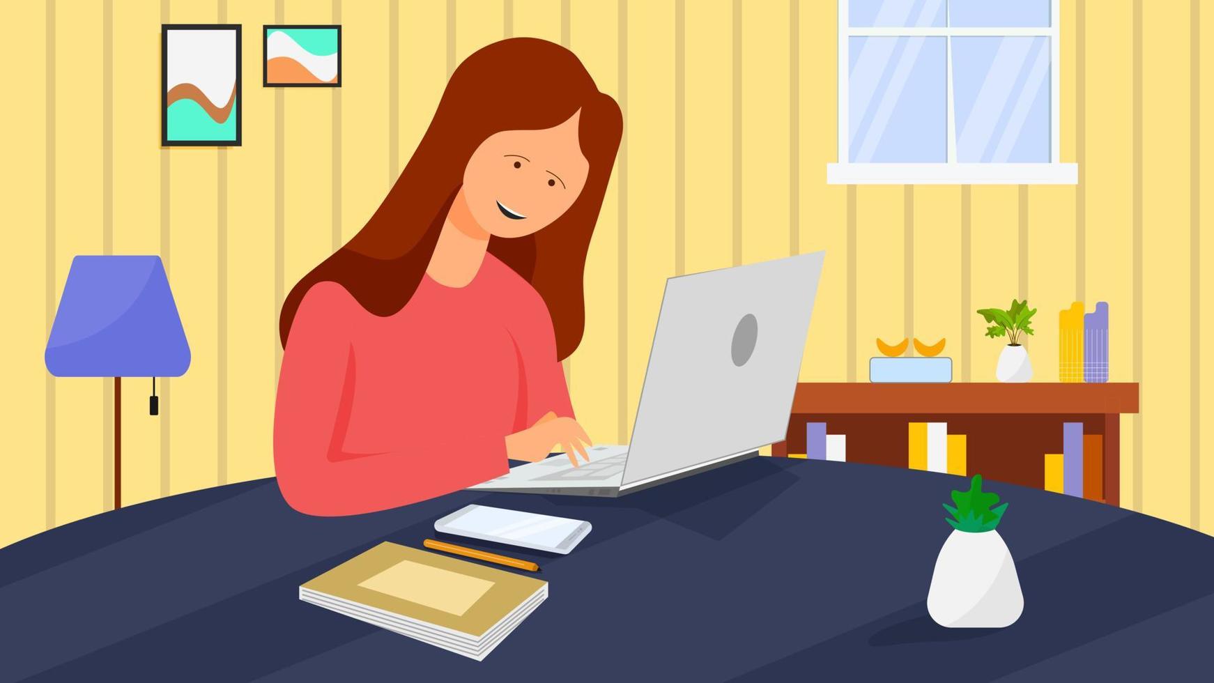 mujer que trabaja en una computadora portátil en su casa, niña que trabaja con una computadora portátil en la habitación, concepto de trabajo remoto vector