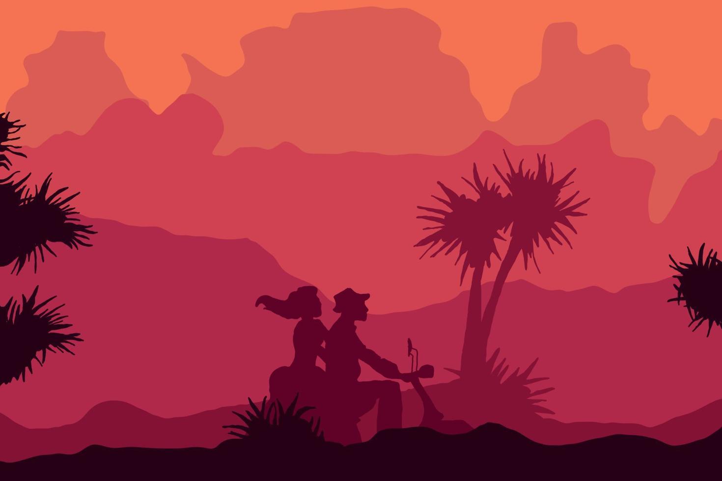 vector illustration background, a couple of lovers go on vacation riding a motorbike