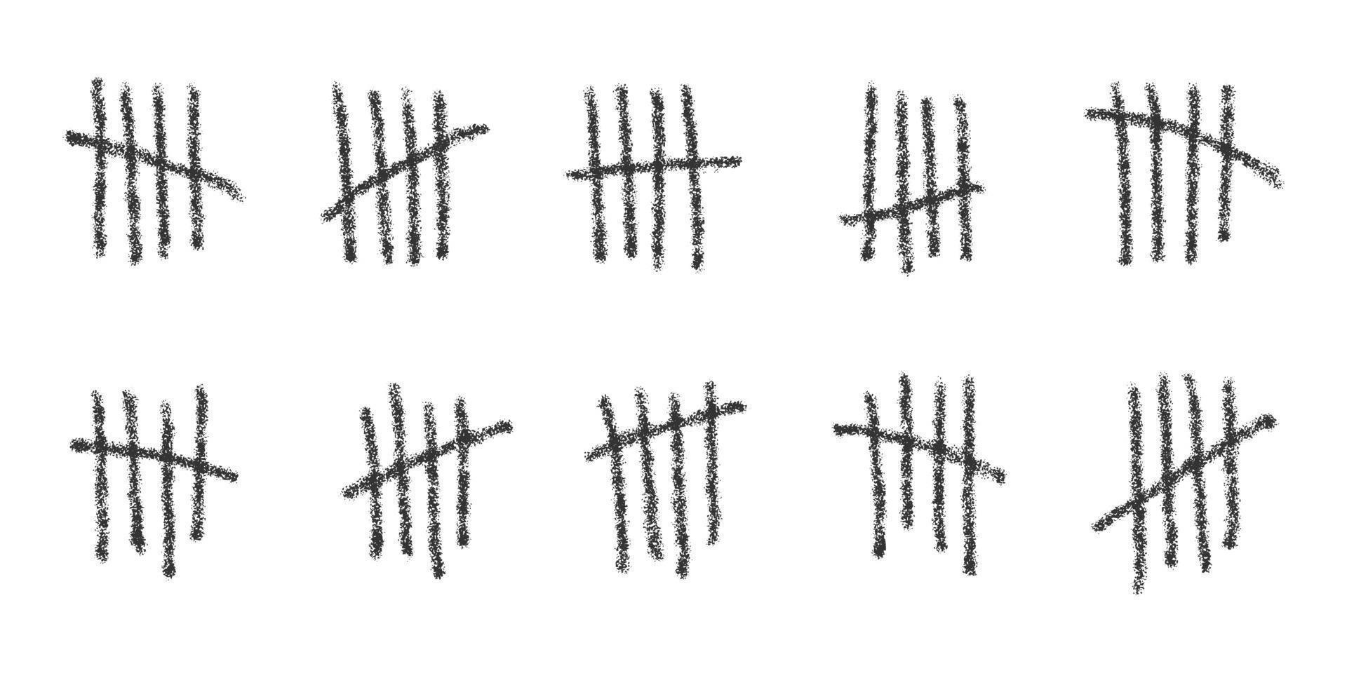 Charcoal tally marks. Hand drawn sticks sorted by four and crossed out by slash line. Day counting symbols on prison wall. Unary numeral system signs vector