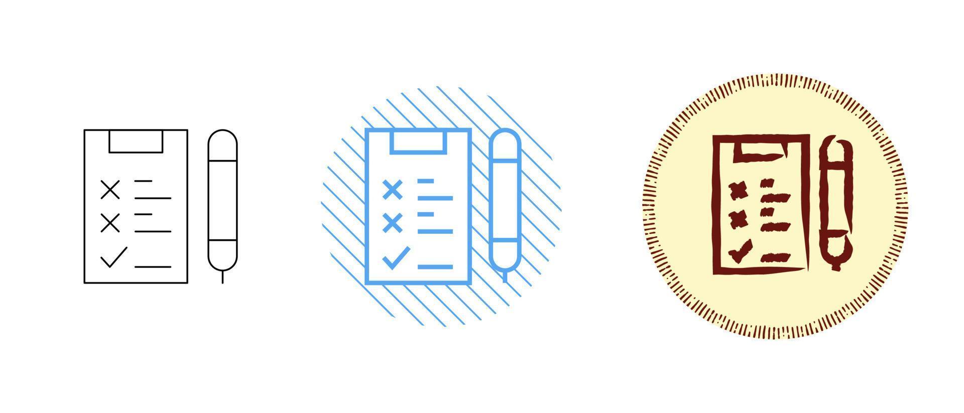 This is a set of contour and color icons of the exam form and pen vector