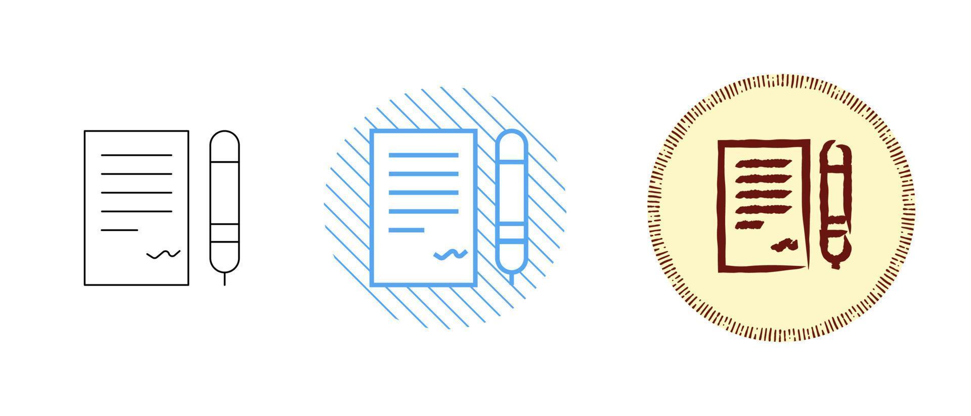 This is a set of contour and color document icons with a pen vector