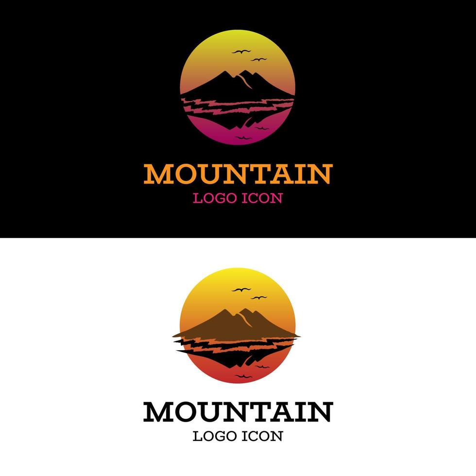 Silhouette of mountain landscape with birds crossing over it as ornament and orange sun on water as background logo design vector