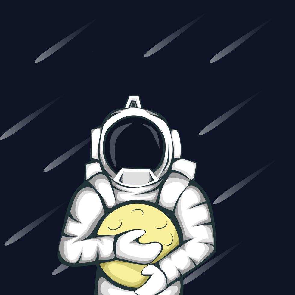 illustration of astronaut carrying the moon on dark blue background vector