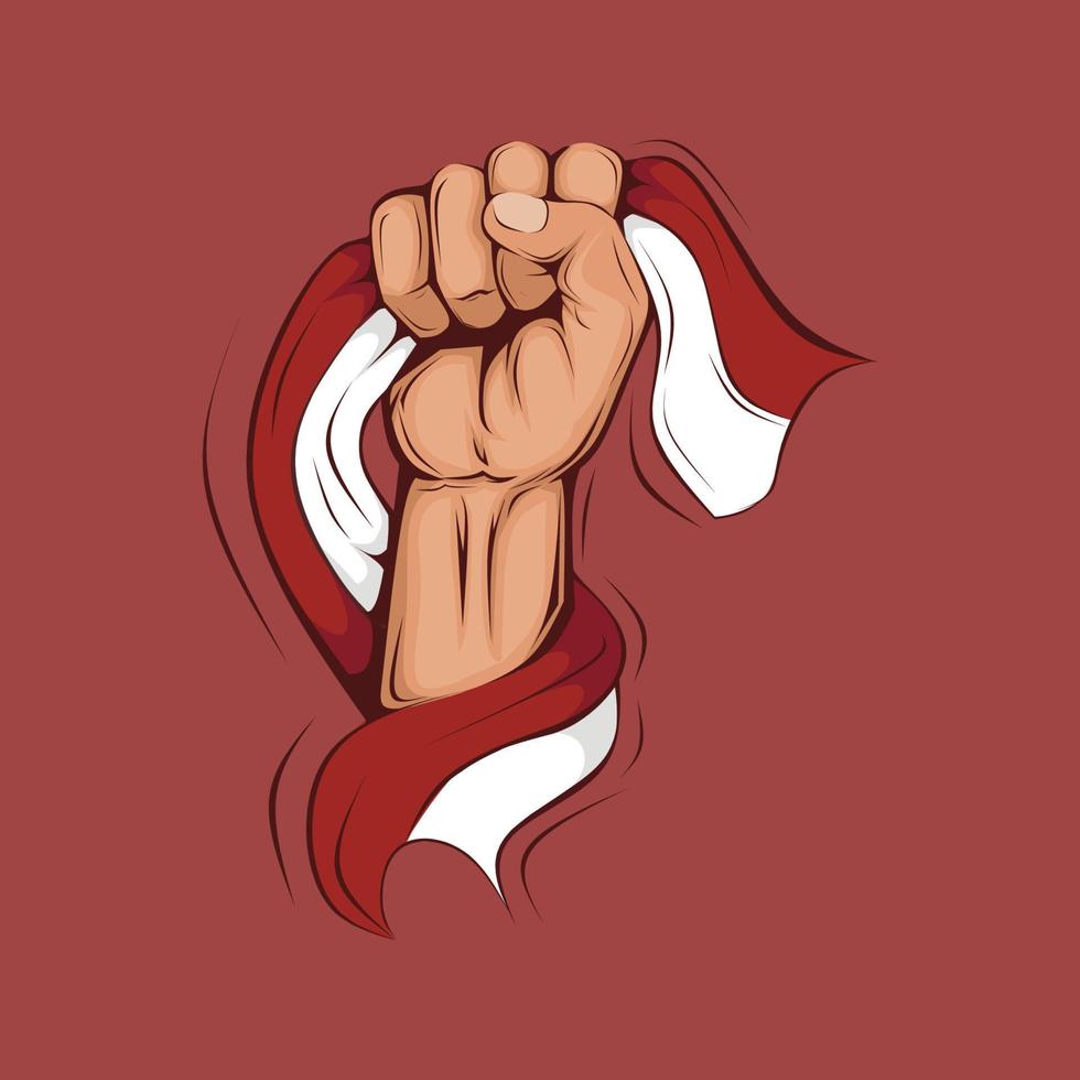 mano chenching la bandera roja y blanca de indonesia vector