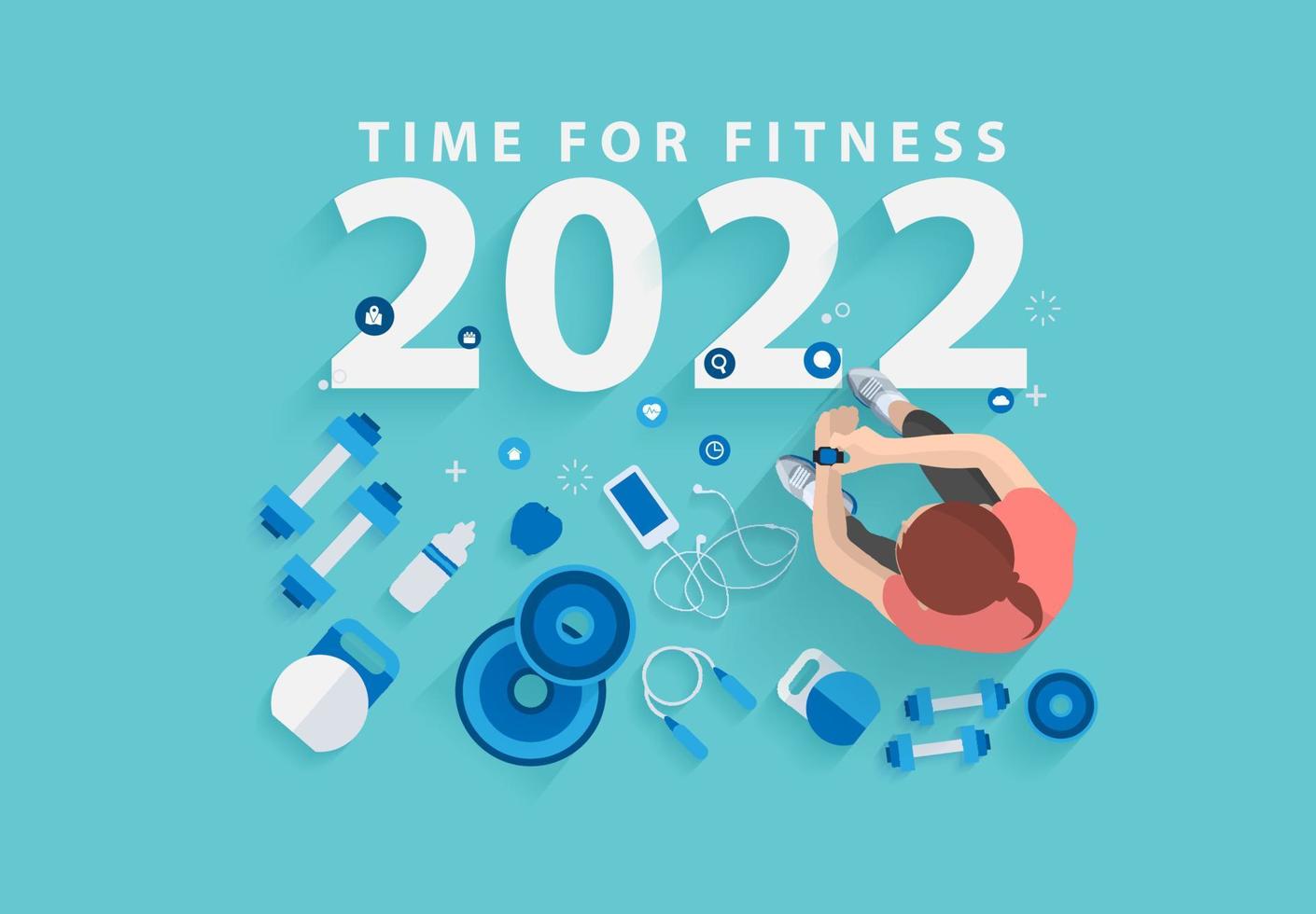 2022 feliz año nuevo tiempo para la aptitud en el gimnasio diseño de concepto de ideas de estilo de vida saludable, ilustración vectorial plantilla de diseño moderno vector