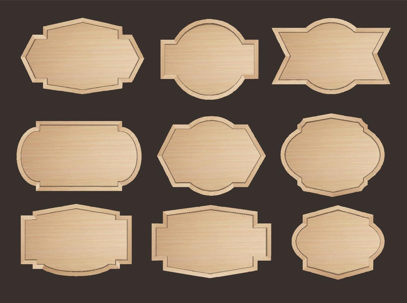 Wooden stickers label collection. Set of various shapes wood sign boards for sale price and discount stickers, banners, badges. Vector illustration