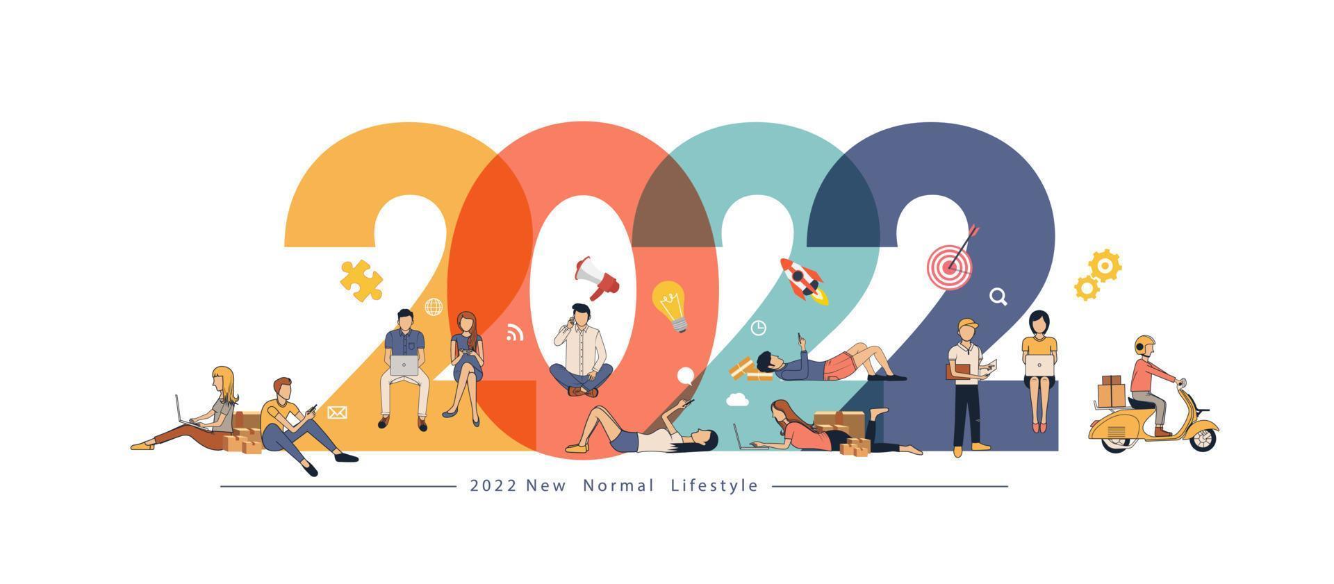 2021 New year with New normal lifestyle ideas concept. People wearing mask in flat big letters design. Vector illustration modern layout template