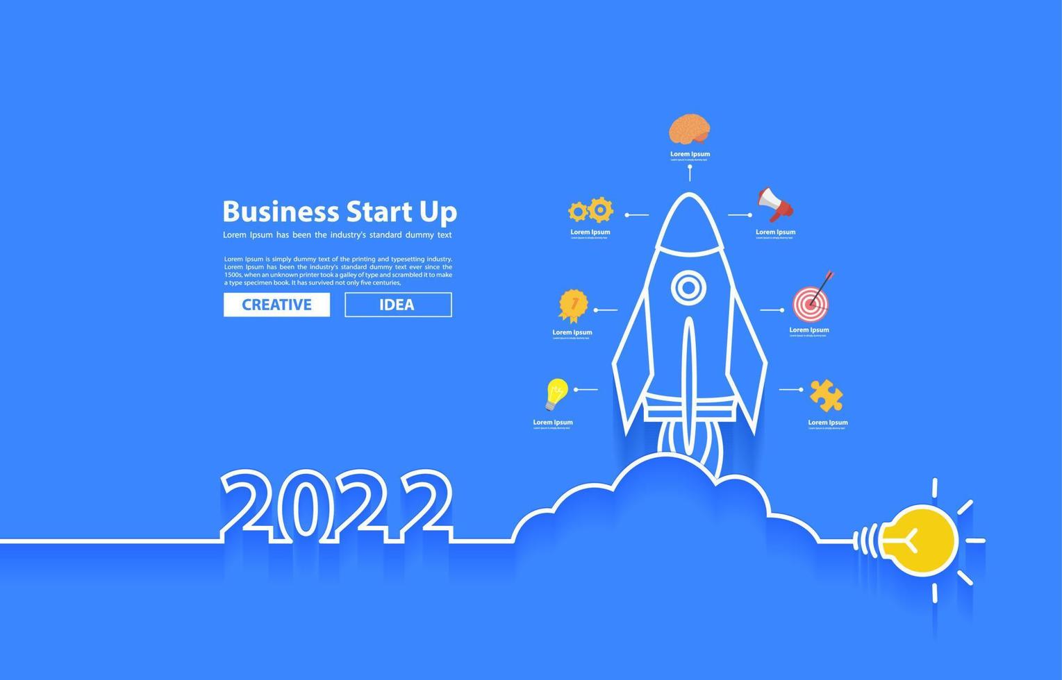 Startup business 2022 new year rocket launch with creative light bulb ideas concept design, Vector illustration flat modern layout template