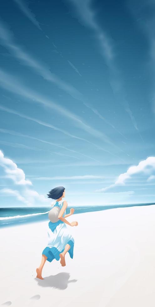 a young woman running on a white sand beach with the background of a beautiful blue sky and clouds vector