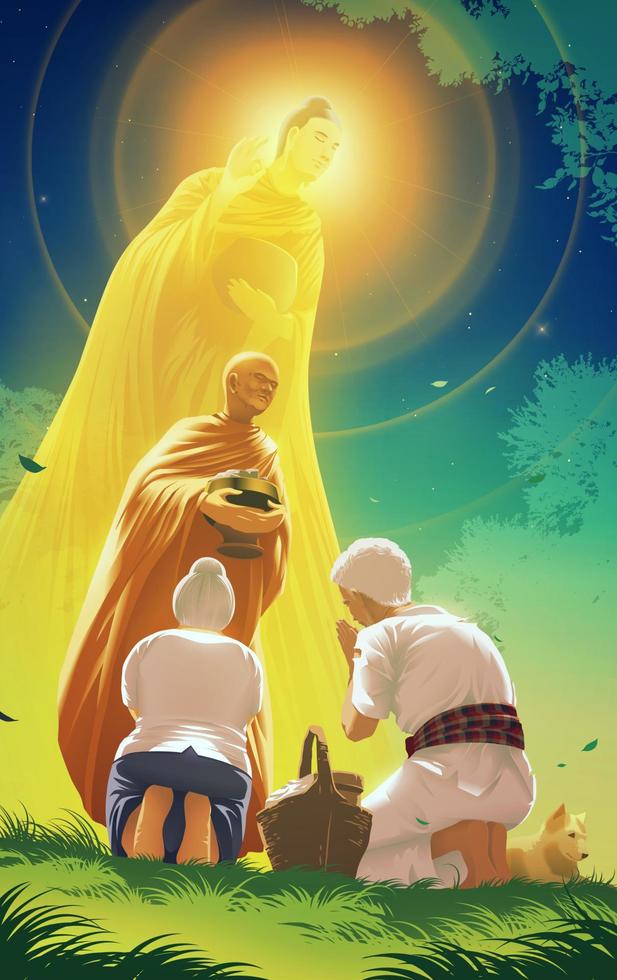 a monk is giving a blessing to an old man and old woman for their offering alms to a monk with the image of Gautama Buddha behind vector