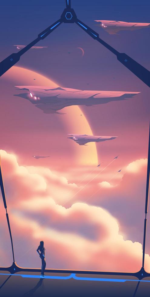 a lady is observing the army fleet that flying over the sea of clouds, on the spaceship corridor vector