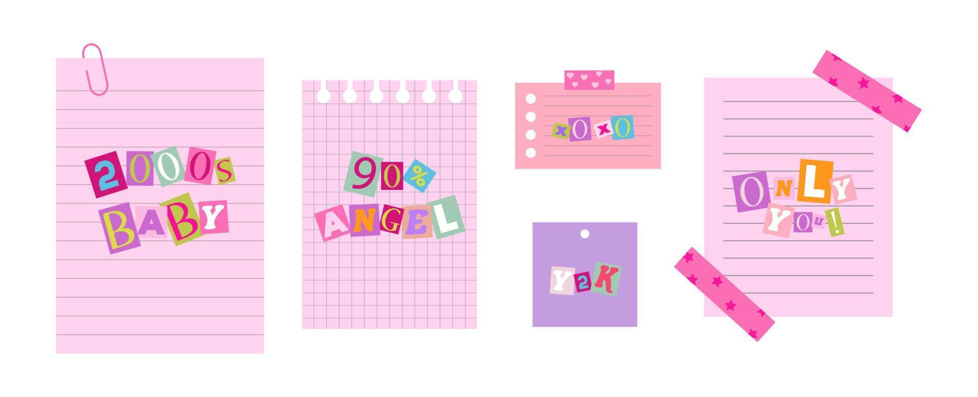 Notebook sheets in y2k style with phrases vector