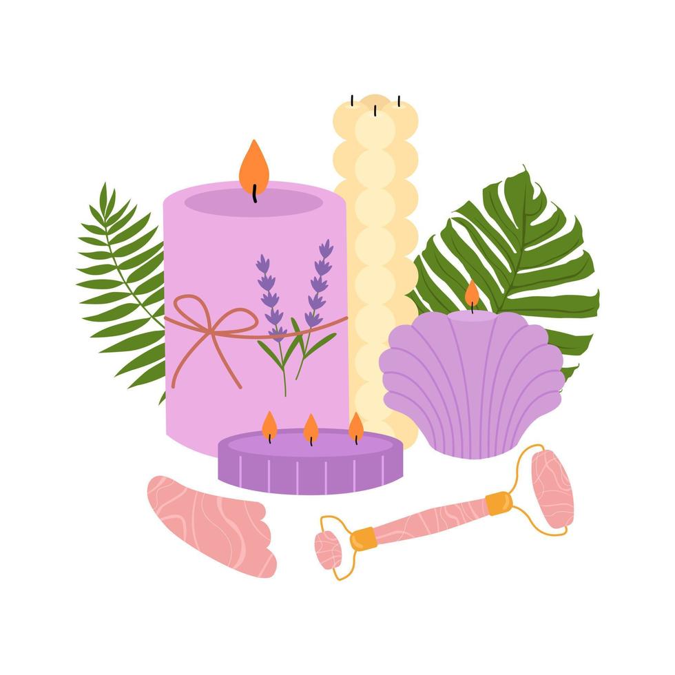 colección de varias velas de moda. composición con velas de soja de cera natural, hojas tropicales y rodillo masajeador facial. tiempo de higiene. ilustración vectorial plana coloreada aislada sobre fondo blanco. vector