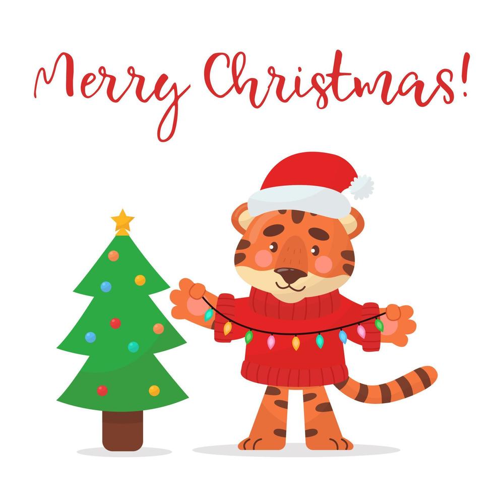 Cute Cartoon Tiger in Santa hat decorates the Christmas tree. Holiday greeting card. Merry Christmas. Isolated vector illustration.