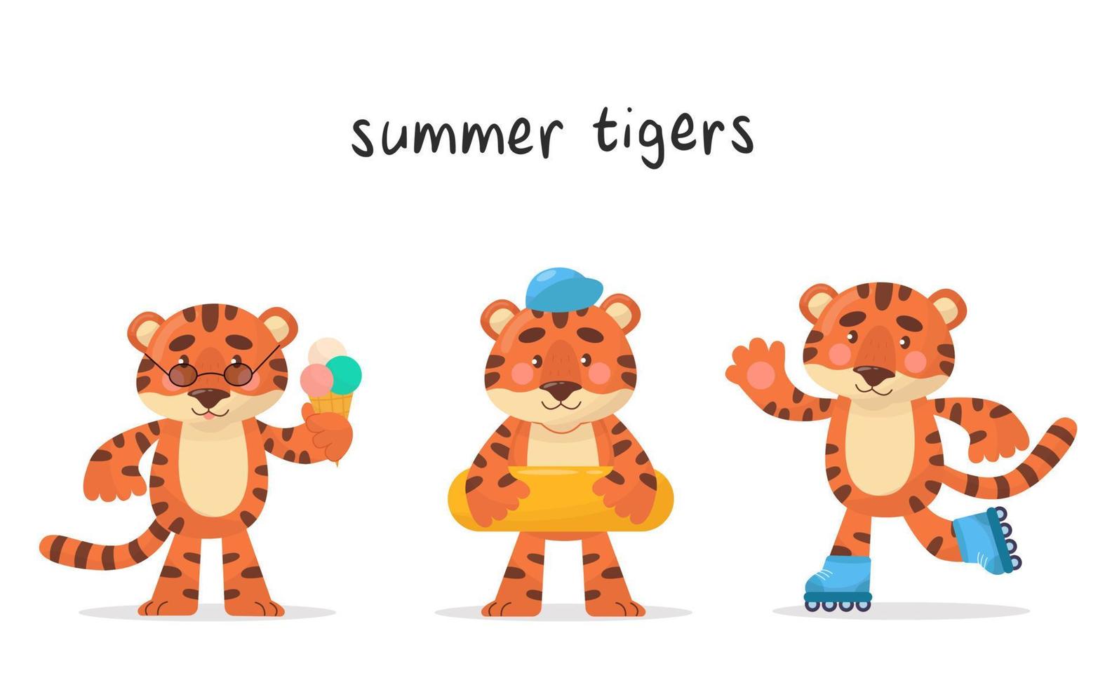 Set of three cute tigers characters for every month of summer. Vector cartoon style. The illustrations are suitable for baby products, stickers, banners and posters.