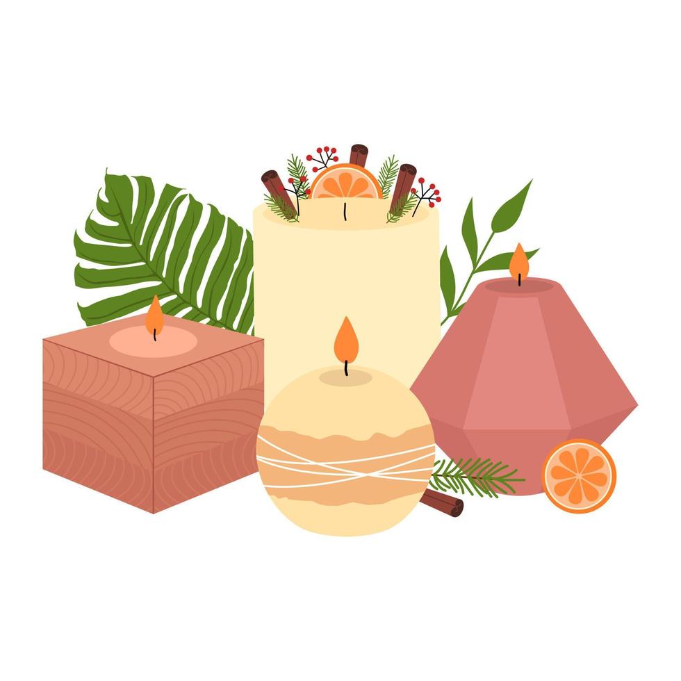 Various scented candles. Composition with natural wax soy candles and tropical leaves. Home spa ritual. Hand drawn modern Vector illustration.