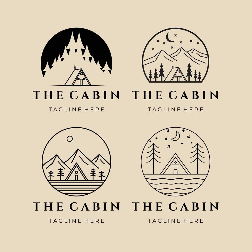 establezca el icono y el símbolo del logotipo de arte de la línea de montaña y cabina. bosque y árbol con emblema, diseño de ilustraciones vectoriales vector