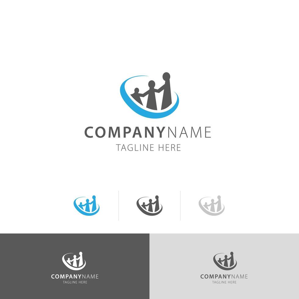 3 personas cuidan y abrazan el logotipo de la empresa vector