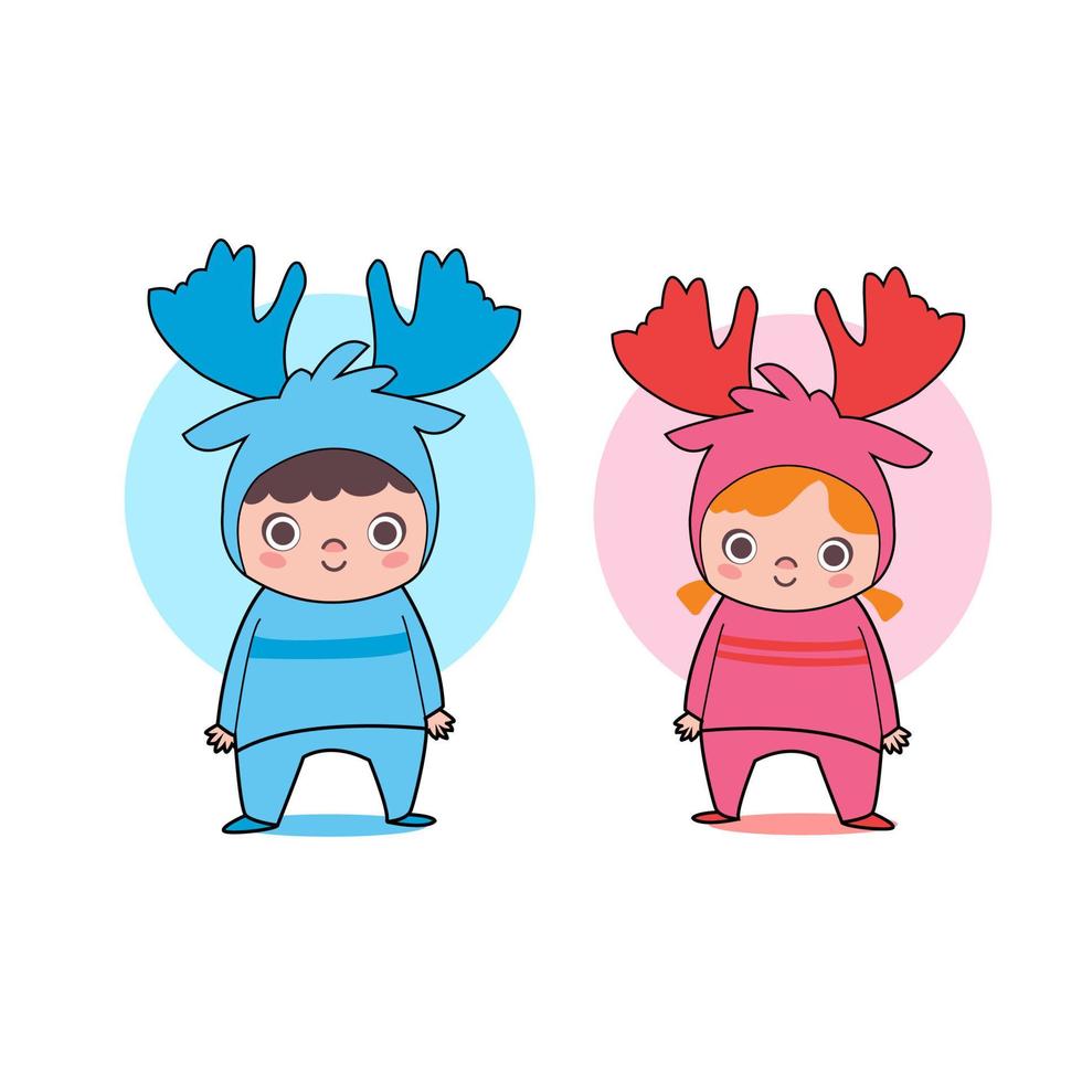 cute boy and girl with deer costume logo vector