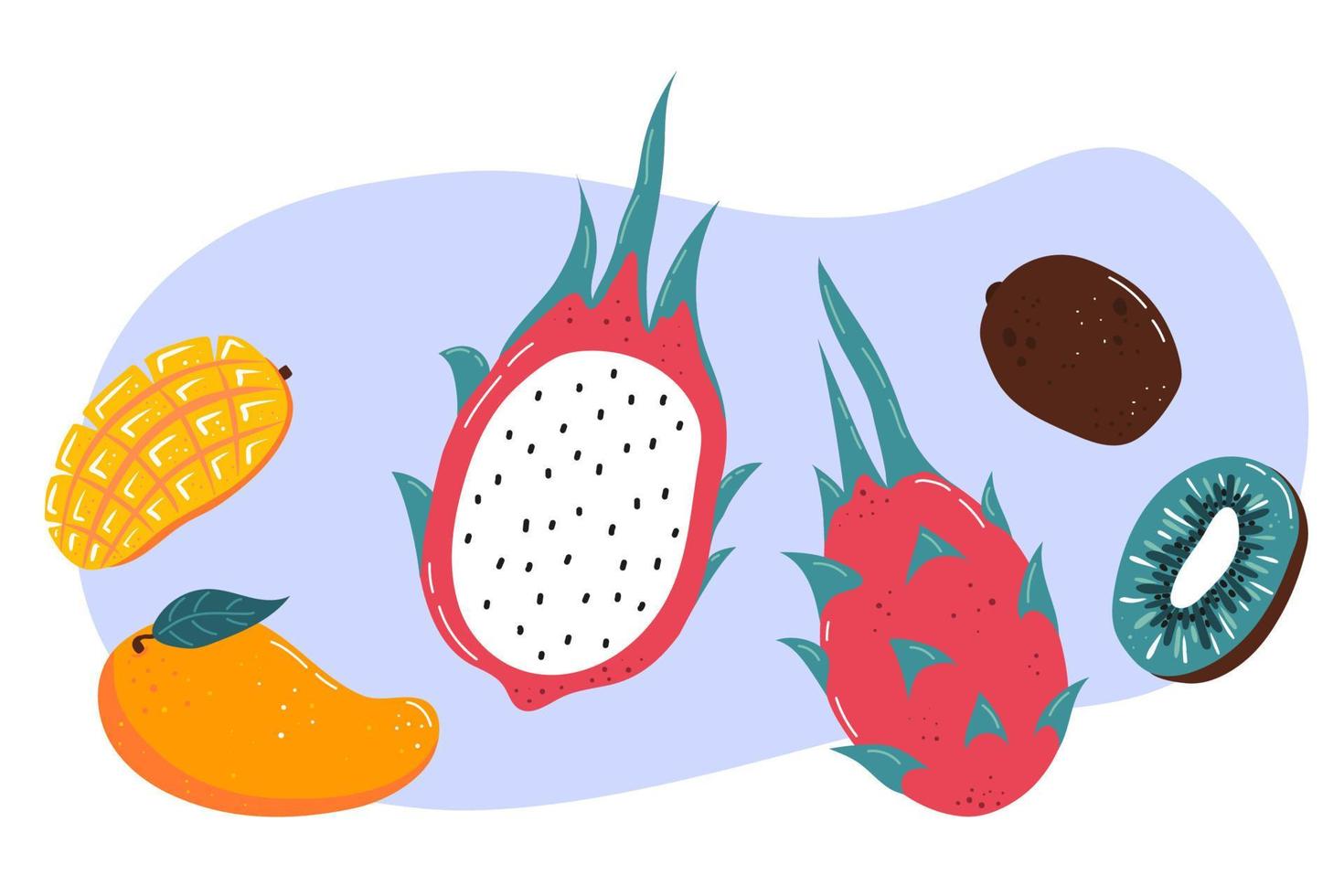 Fresh exotic fruit- mango, dragon fruit, kiwi. Healthy eating. Vector illustration
