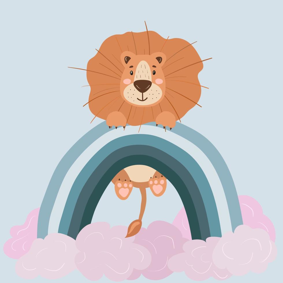 Cute baby lion on rainbow. Nursery decoration room. Prints for baby room, baby shower,greeting card,kids and baby t-shirts and wear. Hand draw design vector