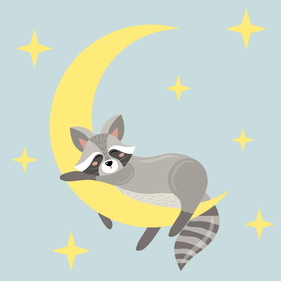 lindo bebé mapache duerme en la luna. sala de decoración infantil. estampados para habitación de bebé, baby shower, tarjeta de felicitación, camisetas y ropa para niños y bebés. diseño de dibujo a mano vector