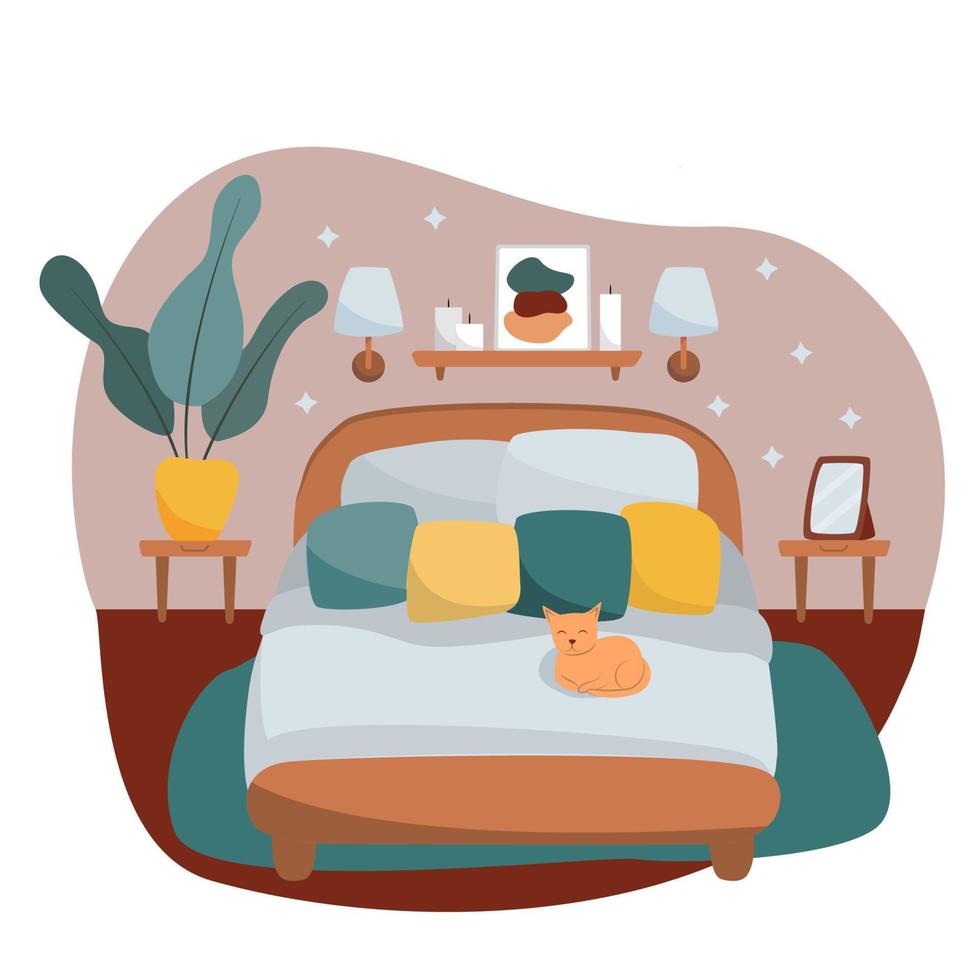 dormitorio moderno con muebles, cama, planta y pequeño gato dormido. ilustración vectorial plana. interior acogedor. estilo de dibujos animados vector