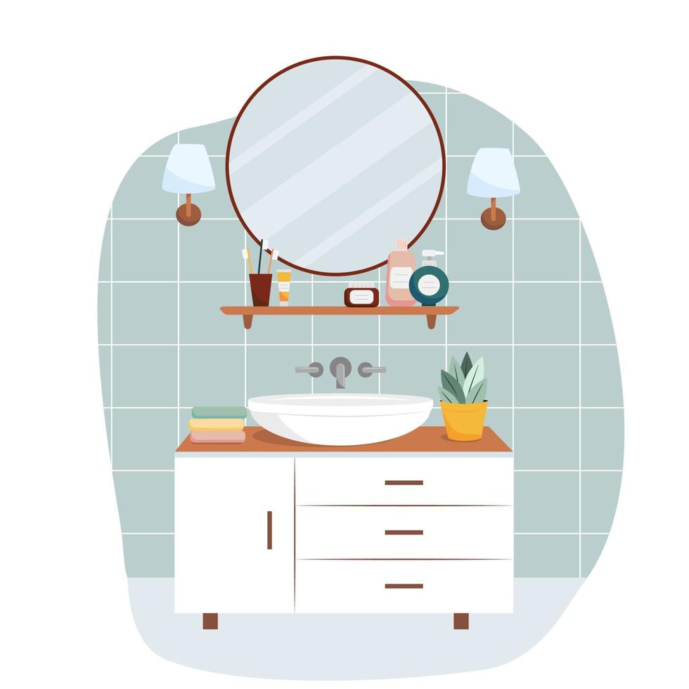 interior de baño de dibujos animados. Fregadero moderno con mesa, espejo y toallas de baño. ilustración vectorial de estilo plano vector