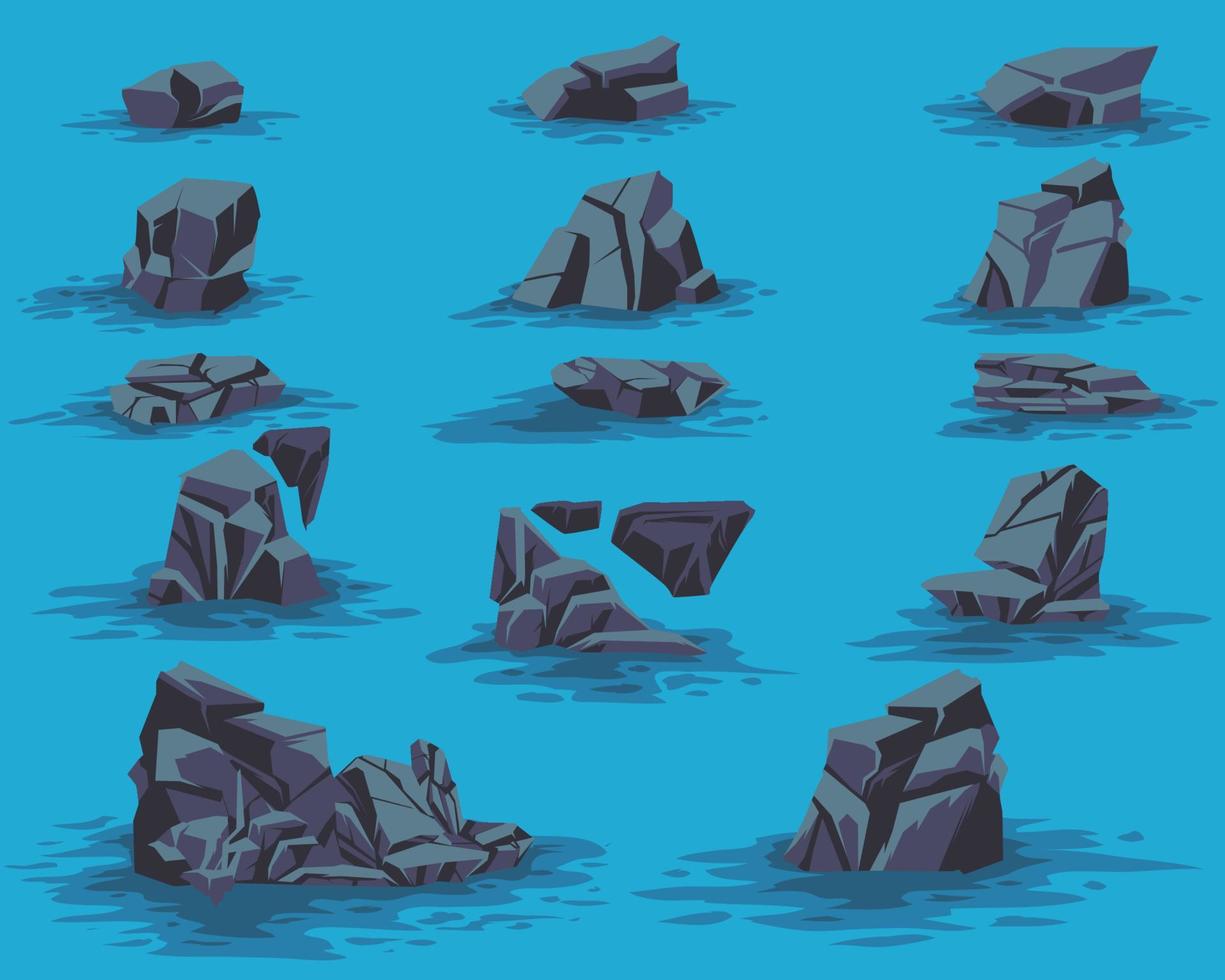 Stone on blue water element illustration for comic, poster, background, apparel, game asset. Vector eps 10