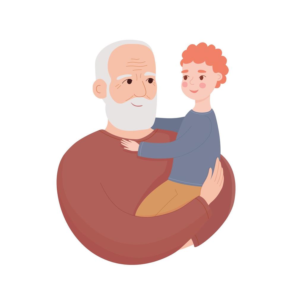 Happy grandfather is holding little grandson in his arms. Portrait of character. vector