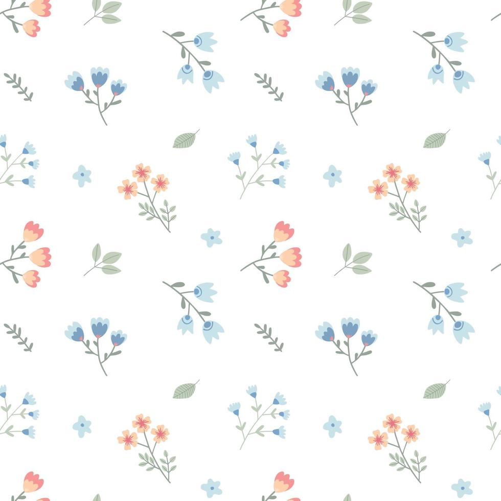 Seamless pattern with childish flowers on white background. Cute vector illustration with floral elements, for design, fabric and textiles.