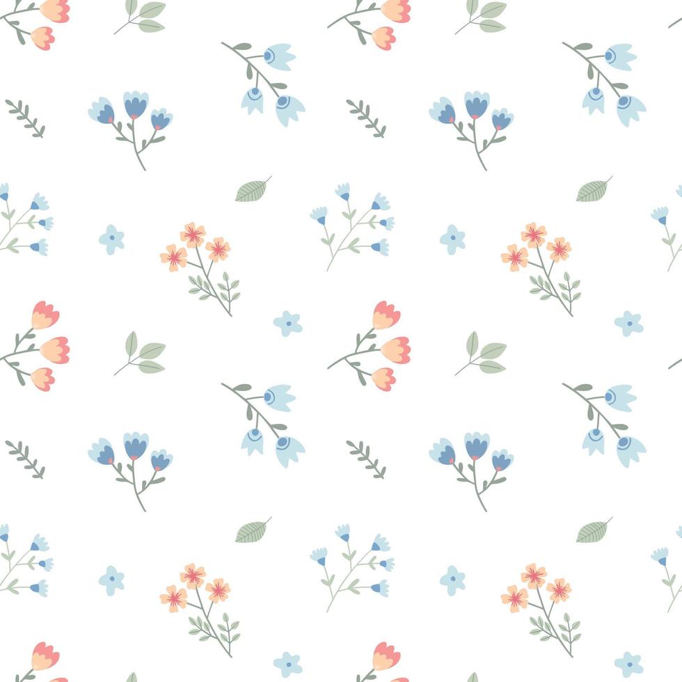 Seamless pattern with childish flowers on white background. Cute vector illustration with floral elements, for design, fabric and textiles.