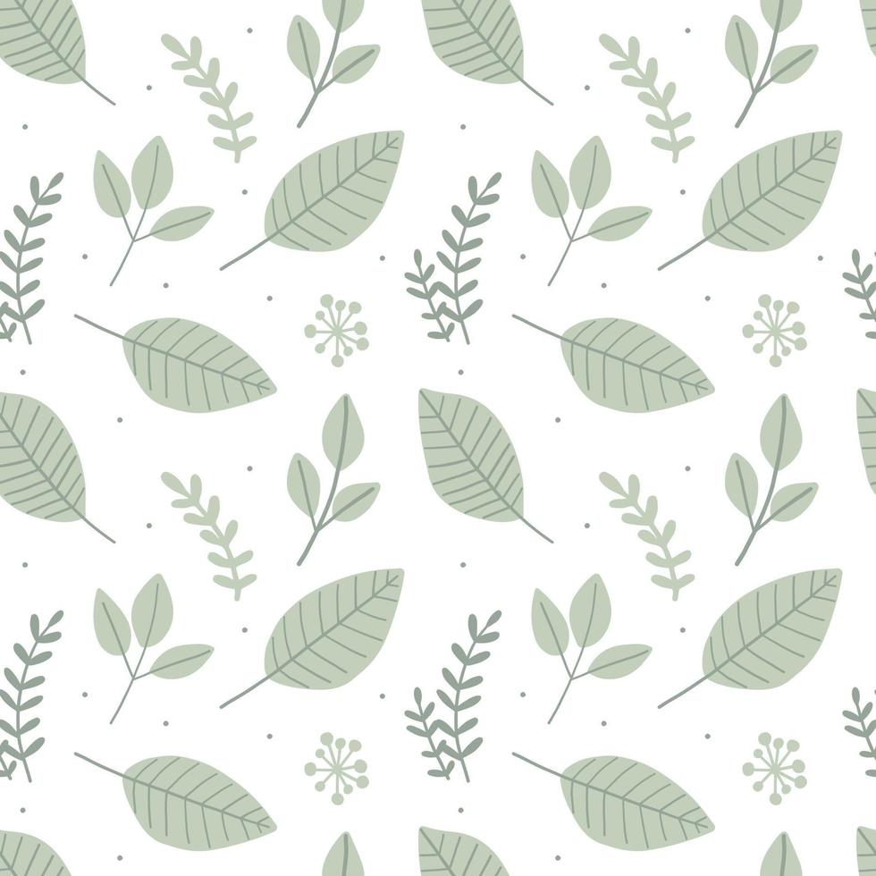Cute seamless pattern with simple green leaves and twigs. vector