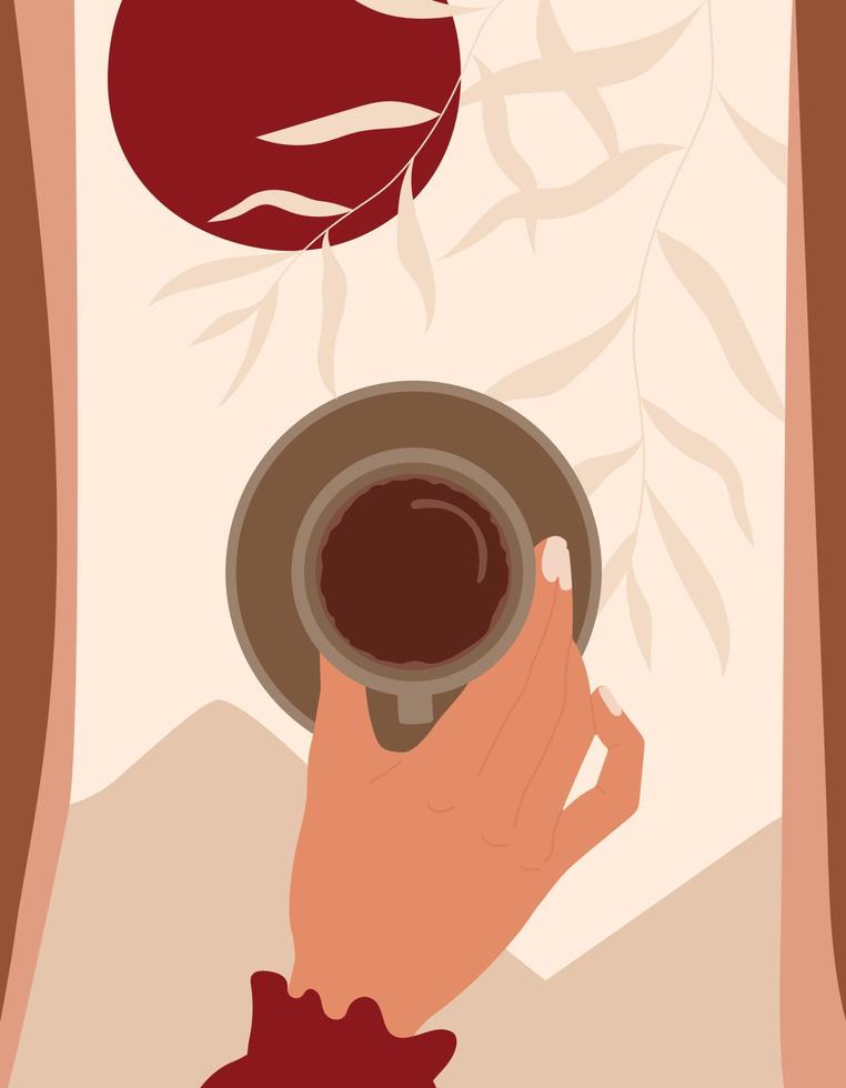 mano con taza de café en el fondo de la naturaleza. ilustración abstracta en estilo retro para el diseño de carteles y cafés. vector