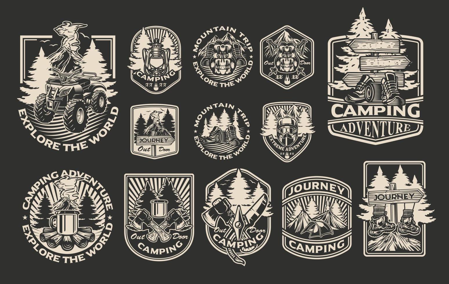 Set monochrome vector badges on the camping theme for dark background.