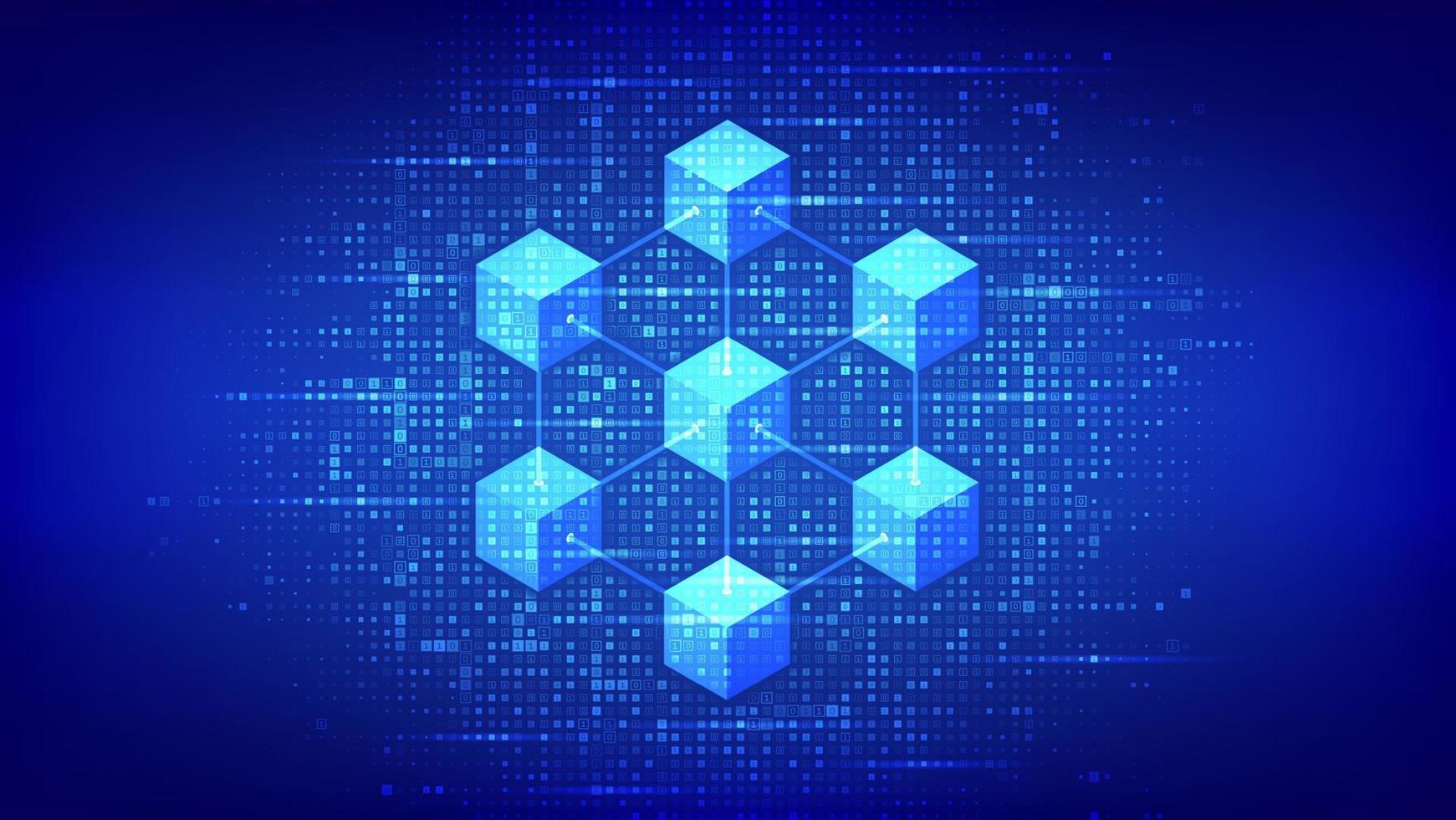 Blockchain technology background made with binary code. Information blocks in cyberspace. Decentralized network. Fintech cryptocurrency. Matrix background with digits 1.0. Vector illustration.