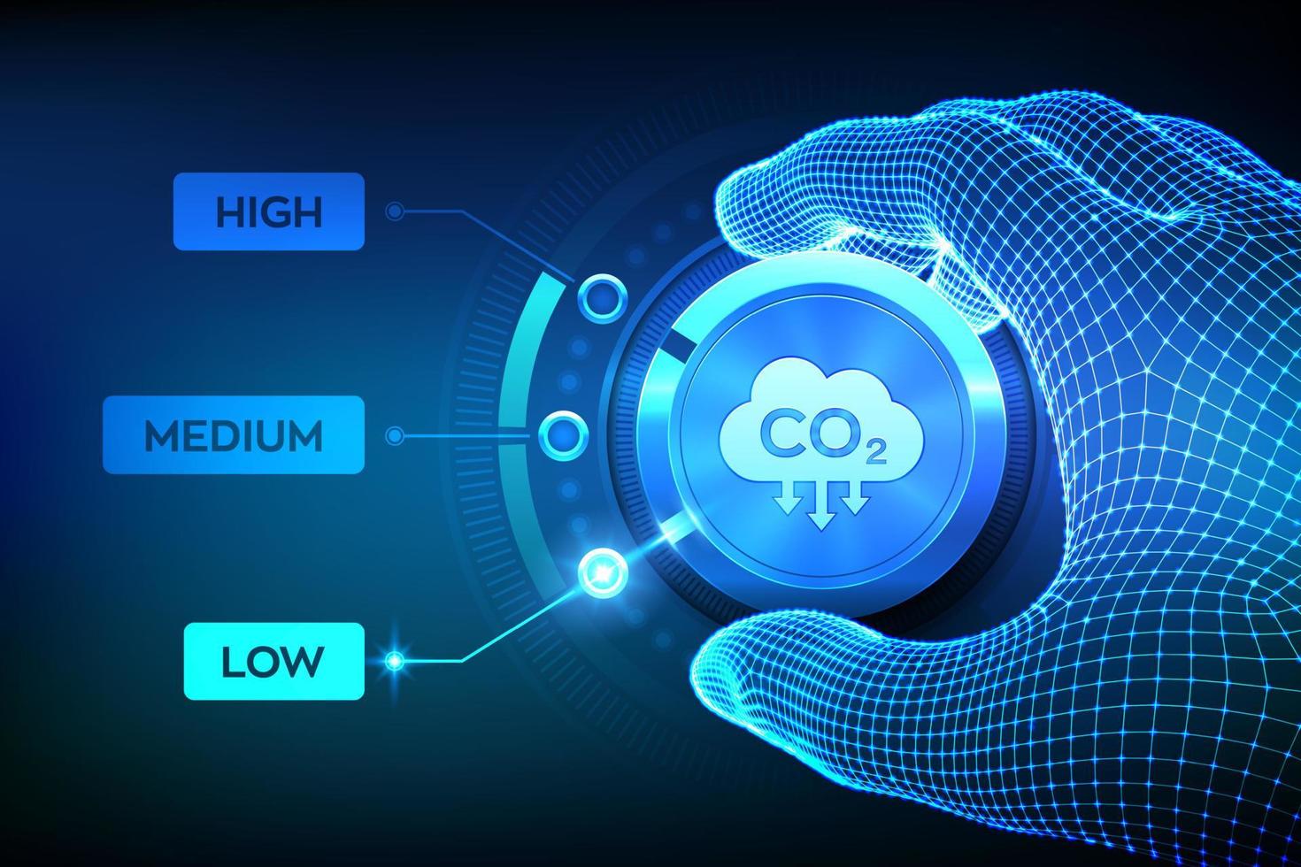 control de emisiones de dióxido de carbono. reducir el co2 para limitar el calentamiento global y el cambio climático. mano de estructura metálica que establece un botón de nivel de dióxido de carbono en la posición más baja. reducción de co2 ilustración vectorial vector