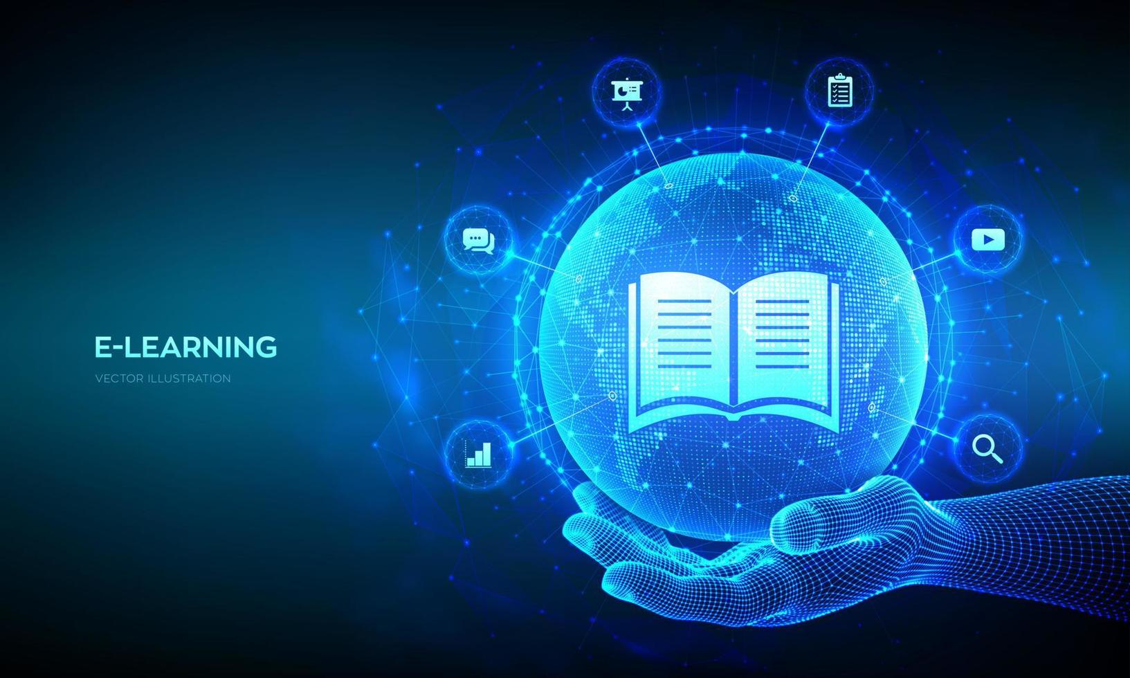 E-learning. Innovative online education technology concept. World map point and line composition. Earth planet globe in hand. Webinar, online training courses. Skill development. Vector illustration.