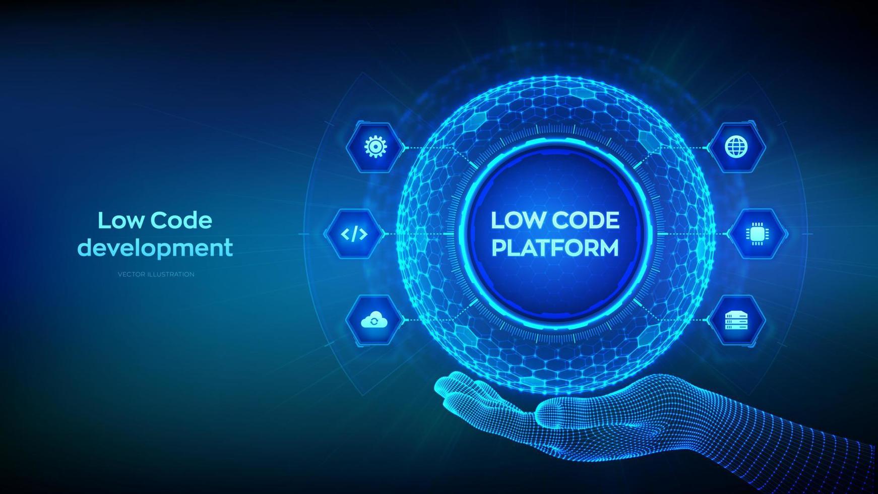 Low code platform. Low code development technology concept. LCDP easy coding. Hexagonal grid sphere in wireframe hand on blue background. Vector illustration.